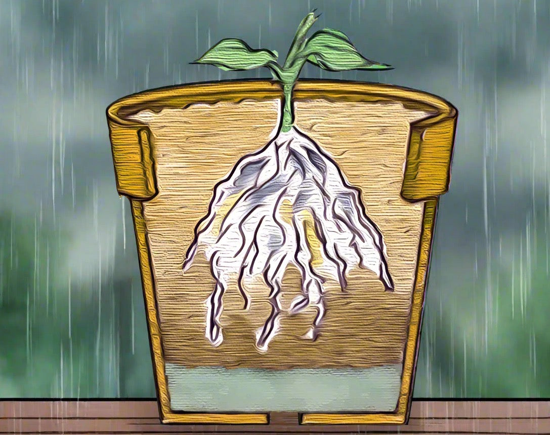 Illustration showing cutaway of planter highlighting improved oxygen circulation in roots with Better Than Rocks.