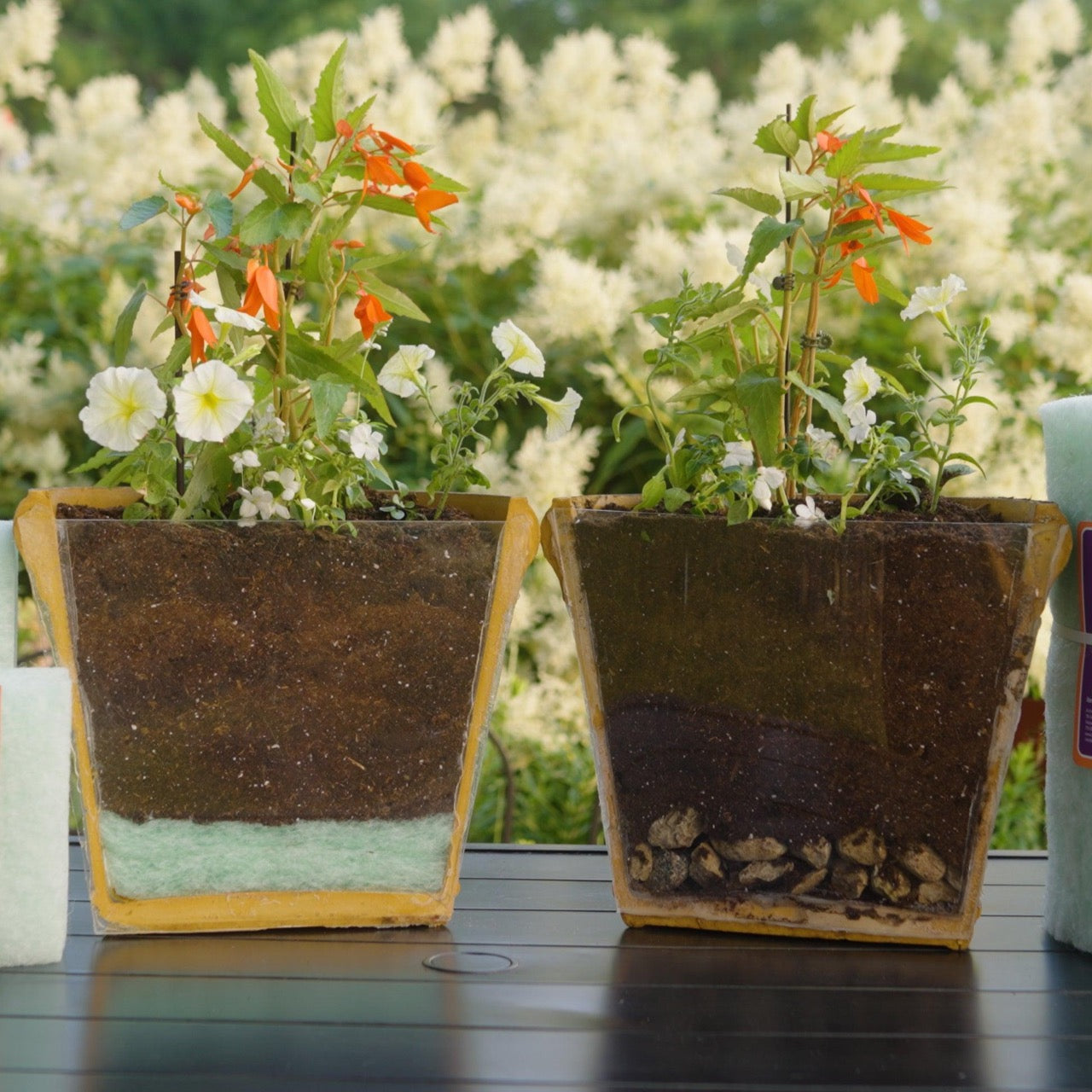 Side-by-side comparison of planter drainage using Better Than Rocks versus traditional rocks, featuring 10 inch pots filled with blooming flowers in a backyard garden.