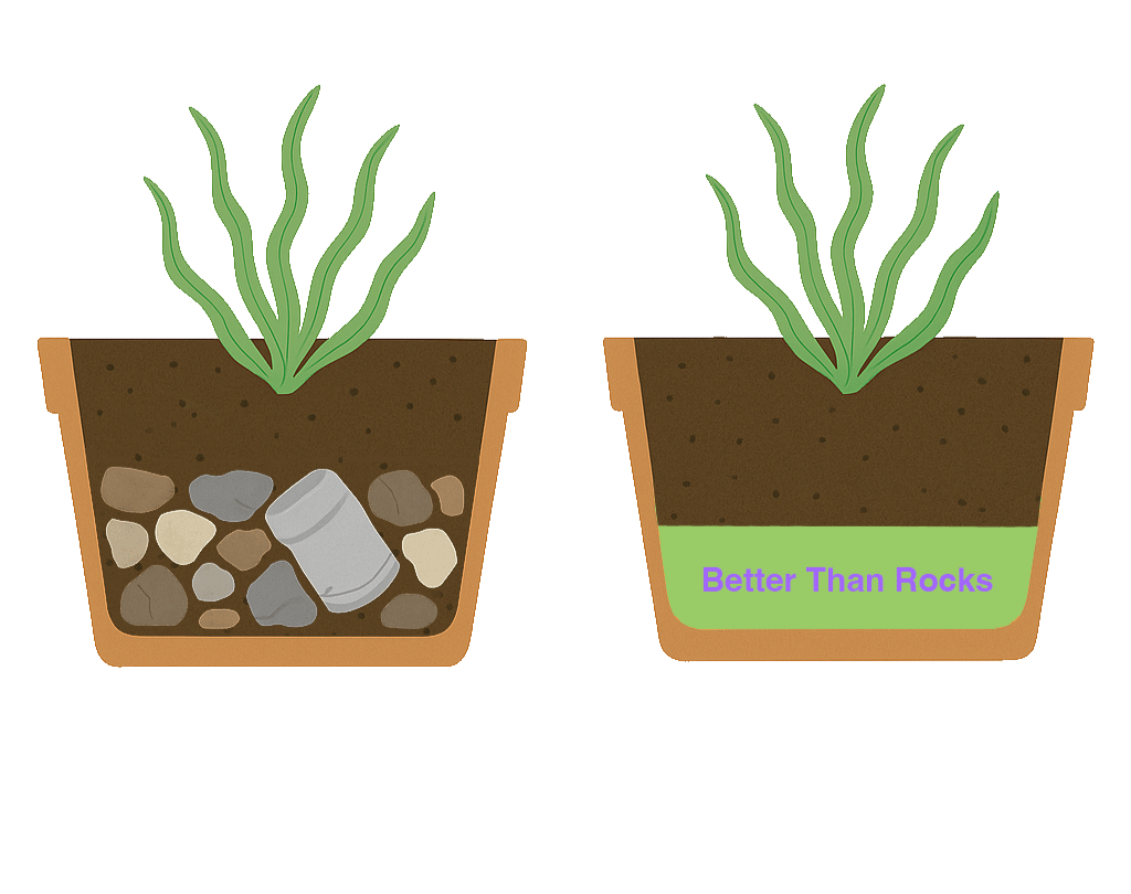 Illustration comparing two planter drainage methods. The top shows rocks and cans as filler, while the bottom features Better Than Rocks—a lightweight alternative that improves drainage and illustrates how to make planters lighter for easier handling.