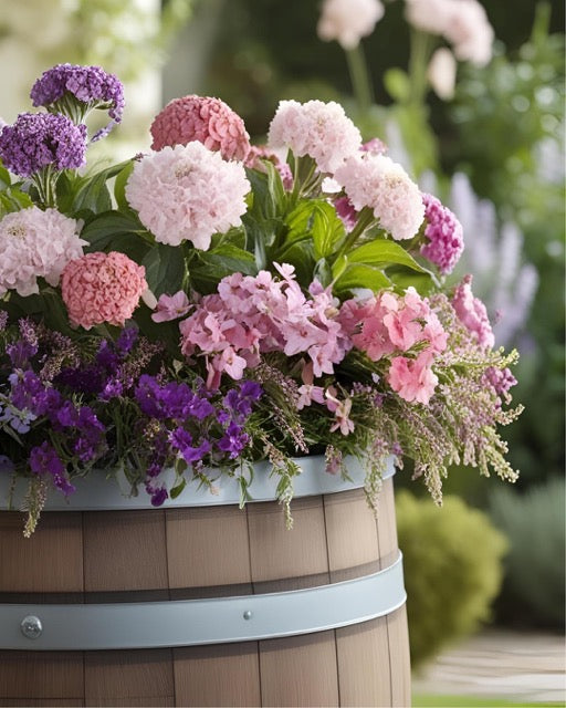 Blooming pink and purple flowers in a wooden barrel planter outdoors, protected by planter drainage material that improves airflow and reduces rot.