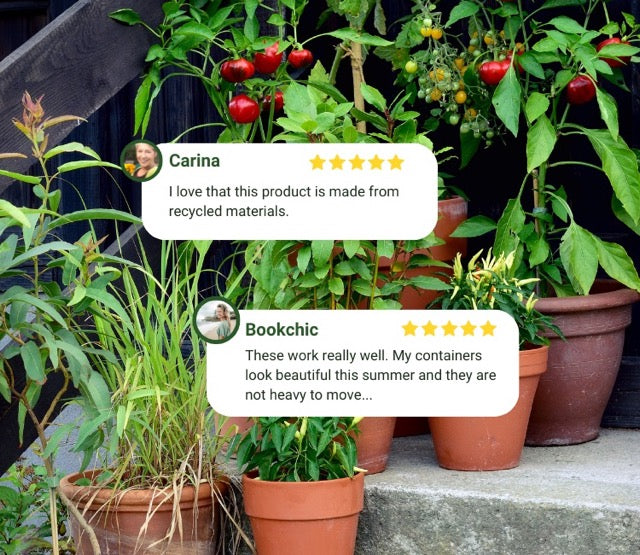 Two customer testimonials appear over a garden scene filled with lush container plants in terracotta pots. One reads, “I love that this product is made from recycled materials.” The other says, “These work really well. My containers look beautiful this summer and they are not heavy to move…” The image highlights the lightweight and eco-friendly benefits of Better Than Rocks for container gardening and garden center retail appeal.