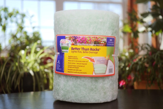 Better Than Rocks Jumbo roll product with label showing key benefits like lighter containers, less soil required, reusability, and being made from recycled plastic.